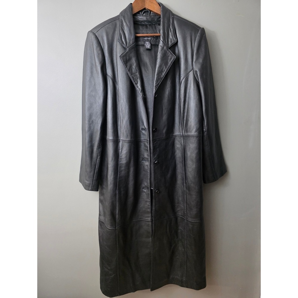 Centigrade Leather Trench Coat Womens Medium Black Long Button Front Jacket